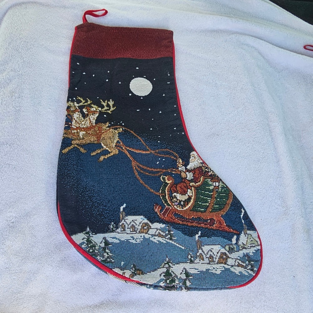 Vintage Santa Sleigh Reindeer Woven Tapestry Christmas Stocking Holiday Decor